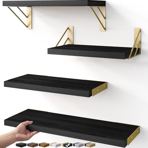 BAYKA Floating Shelves for Bedroom Decor, Wall Shelves for Storage, Wall Mounted Rustic Wood Floating Shelf for Books,Corner Shelf for Bathroom,Kitchen,Living Room(Black and Gold，Set of 4) - color: G. Black Board & Gold Brackets, size: 16-inch Mixed