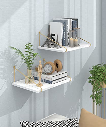 Afuly 12 Inch Deep Floating Shelves for Wall, Gold White Wall Mounted Shelves, Hanging Storage Shelves for Bathroom Kitchen Bedroom, Solid Wood Chic Bookshelves, Set of 2 - color: White & Gold, size: 11.7"D x 16.5"W