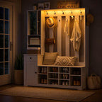 Hall Tree with Bench and Shoe Storage, 59.1" Farmhouse Entryway Bench with Coat Rack and Fabric Drawer, 11 Coat Hooks and 10 Shoe Cubbies, LED Lights, Rotating Mirror with Shelves, White