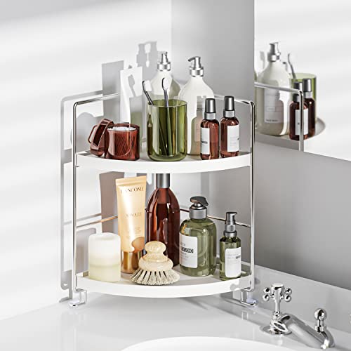 2-Tier Bathroom Corner Counter Organizer, Makeup Storage Shelf Vanity Tray, Bathroom Sink Countertop Organizer, Silver - color: Silver