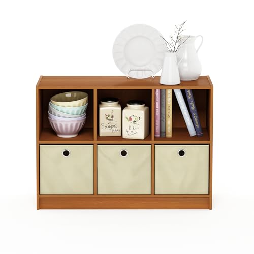 Furinno Basic 3x2 Bookcase Storage w/Bins, Light Cherry/Ivory - color: Light Cherry/Ivory, size: 6-Cube with Bin