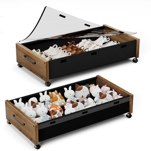 Under Bed Storage with Wheels, Underbed Shoe Storage Containers, Under the Bed Storage Drawers with Lid, Wooden Rolling Blankets Clothes Storage Metal Drawer for Bedroom Dorms Room (Walnut 2pack) - color: Walnut Brown-2pack