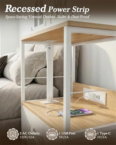 Faesun Swivel Lift Top Nightstand with Charging Station, Rolling Side Table for Recliner, Bedside Table with Wheels & 2 Fabric Drawers, for Small Spaces, for Bedroom, Living Room, Oak White - color: Oak White, size: 2 Drawers
