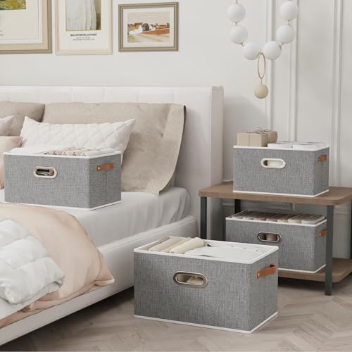 Yawinhe Fabric Storage Baskets, Foldable Closet Organizer for Shelves, Large Boxes with 3 Handles, Canvas Bins for Clothes, Grey, 12.99''Lx9.05''Wx7.87''H, 4-Pack - color: Grey, size: 12.99x9.05x7.87in/4-Pack