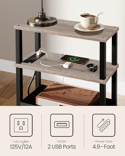CHOEZON Small Narrow Side Table with Charging Station, Skinny End Table with Fabric Basket, Slim Nightstand for Small Spaces, Sofa Side Table, for Living Room, Bedroom, Greige and Black TBZ07UFH - color: Greige + Black