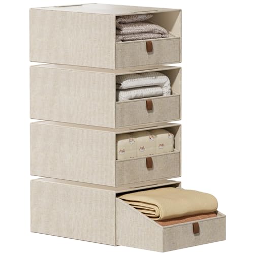 4-Pack Storage Bins with Drawers Large Closet Organizers and Storage Stackable Fabric Clothes Storage Box Collapsible Closet Drawers Organizer for Bedroom Living Room Under Bed (Beige, 21L*4) - color: Beige