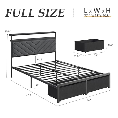 Fluest Full Bed Frame with 2 Drawers, Upholstered Headboard with Storage and Charging Station, LED Lights, Fabric Drawers with Wheels, Under Bed Storage, No Box Spring Needed, Easy Assembly, Grey - size: Full