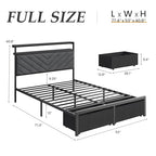 Fluest Full Bed Frame with 2 Drawers, Upholstered Headboard with Storage and Charging Station, LED Lights, Fabric Drawers with Wheels, Under Bed Storage, No Box Spring Needed, Easy Assembly, Grey - size: Full