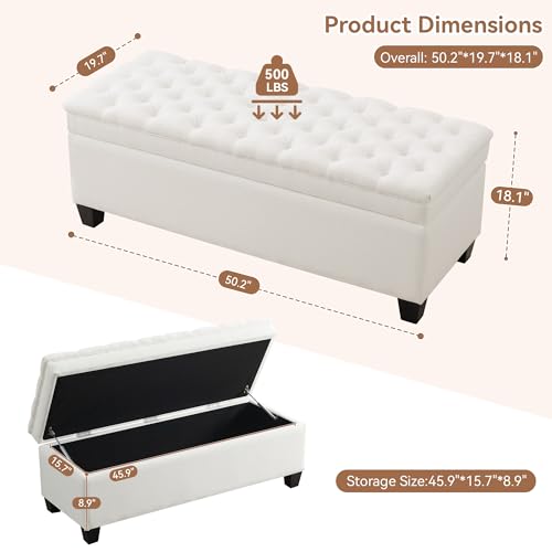 WUTUTUEE 51" Fabric Storage Ottoman Bench, Upholstered Rectangle End of Bed Storage Ottoman Tufted Living Room Bedroom Bench with Safety Hinge, Solid Wood Legs, Loads 500 lb(Beige) - color: Beige-fabric