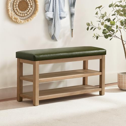 Zihanhome Shoe Rack Bench with Leather Cushion, 2 Tier Solid Wood Storage Bench, Mid-Century Modern Shoe Bench for Entryway, Hallway, Closet, Front Door Entrance, Foyer (Green, 39.4") - color: Green, size: 39.4"