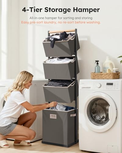SOLEDI 4 Section Laundry Hamper Sorter, Stackable Laundry Basket Organizer with Removable Basket, 125L 4-Tier Vertical Laundry Sorter for Small Space, Laundry Room, Dorm, Bathroom, Wardrobe Grey - color: Grey