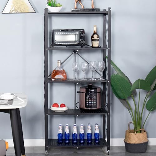 Life Hacks 2pcs 4-Tier Foldable Shelves for Storage, No Assembly Required, Folding Shelf Unit Pantry Shelves with Wheels, Metal Shelving Storage Rack Shelf for Kitchen Garage Home