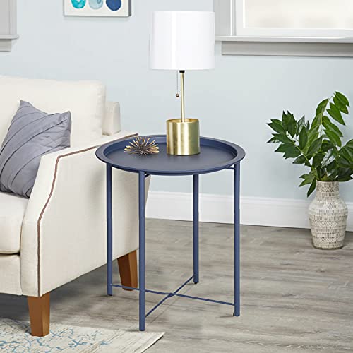 VECELO Side/End Table, Folding Round Metal Anti-Rust and Waterproof Outdoor or Indoor Tray for Living Room Bedroom Balcony and Office, 1 PCS, Blue - color: Blue, size: 1 PCS