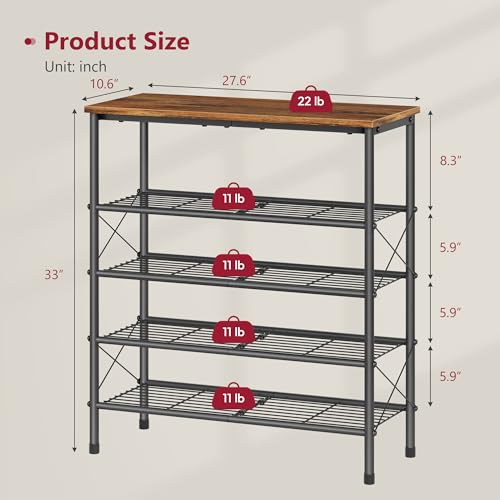 Tajsoon 5 Tier Shoe Rack Organizer for 16-20 Pairs of Shoes, Metal Mesh Shoe Shelf for Closet, Industrial Shoe Rack for Entryway Shoe Storage with X Shape Fixed Frame, Rustic Brown & Black - color: Rustic Brown & Black, size: 5-Tier