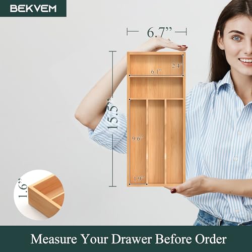 Silverware Organizer, Bamboo Kitchen Drawer Organizer, Utensil Holder, Cutlery Tray & Spoon Flatware Storage with Grooved Drawer Dividers (6.7''W x 15.5''D) - color: Natural, size: 6.7''W x 15.5''D