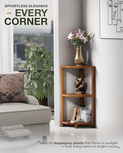 BLUEWEST 3-Tier Corner Shower Caddy Stand, Wood Shower Organizer Standing with Anti-Slip Feet, Waterproof & Durable Bathroom Corner Shelf, Space-Saving Design Storage for Kitchen or Living Room