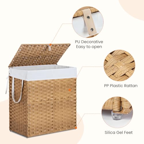 110L Laundry Hamper with Lid, Hand-Woven Pp Rattan Laundry Basket with Compartments & Handles, Removable Liner Bags,Foldable, Narrow Dirty Clothes Basket, Yellow - color: 110L-Yellow