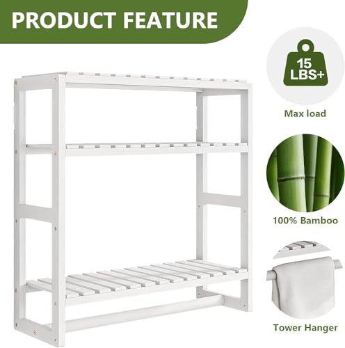 Galood Over The Toilet Storage Bathroom Shelves Wall Mounted 3 Tier Space Saver Corner Shelf Organizer Bamboo Towel Rack Toilet Paper Cabinet with Hanging Rod White - color: White 1pack, size: Standard