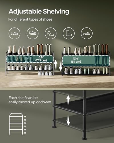 SONGMICS Shoe Rack, 3-Tier Shoe Organizer, Fabric Shoe Shelf Storage with 4 Hooks, Holds up to 18 Pairs of Shoes, Height-Adjustable Shoe Rack for Entryway, Hallway, Closet, Easy Assembly, Ink Black - color: Ink Black, size: 3 Tier (20.8"H)
