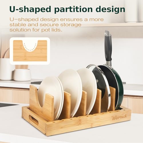 Wisreach Bamboo Pot Lid Organizer, Adjustable Kitchen Organizer for Cabinet, Expandable Pot and Pan Storage Rack, Kitchen Organization for Lids, Bakeware, and Cutting Boards