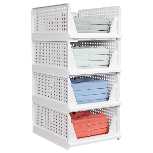 4 Pack Stackable Closet Storage Basket - Stackable Storage Bins, Multifunctional & Foldable Closet Organizer Divided, Wardrobe Cupboard Space-Saving Clothes Storage Hat Organizer, White - size: 4 Pack White