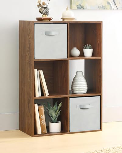 Whitmor 6 Cube Bookcase Storage Organizer, 3 Tier Stackable MDF Bookshelf, Open Storage Display Shelf, Storage Cabinet for Living Room, Bedroom, Home, Office, 23.9" L x 11.7" W x 35.5" H, Walnut - color: Walnut, size: 6 Cube, 24"L x 11.6"W x 35"H