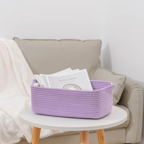 CubesLand Cute and Durable Small Cotton Rope Basket for Organizing, Woven Closet Storage Bin,Shelves Closet Storage Basket, Bathroom Storage Organizer Bin, Nursery Toy Basket Bin, Purple Basket - color: Purple, size: 14''x10''x5''