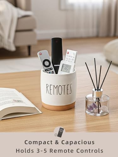 LEETOYI Ceramic Remote Caddy Storage, 4.8 Inch Remote Control Holder, Farmhouse Organizer for Pen Holder, Makeup Brush Holder, Office Supplies, White/Brown