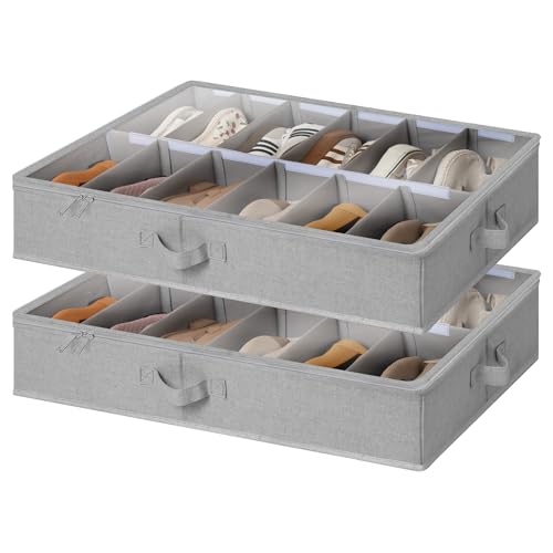 StorageWorks Shoe Organizer for Closet, Fits up to 24 Pairs, 2-Pack Ultra-thick Fabric Under Bed Shoe Storage Containers with Bottom Support and Adjustable Dividers, Grey - color: Gray, style: Adjustable Divider