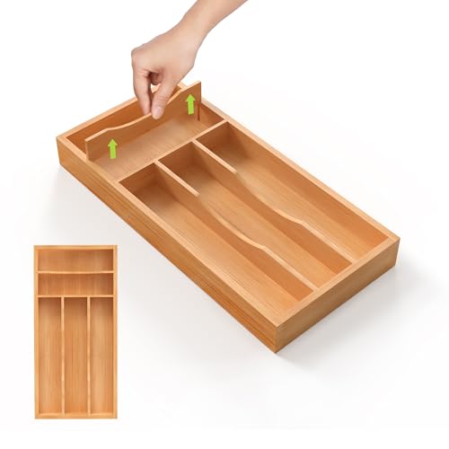 Unibambou Bamboo Utensil Drawer Organizer with Removable Dividers, Kitchen Organizer for Flatware Cutlery, Silverware Tray for Drawer (5/4 Flexible Slots, Natural) - color: Natural, size: Small+ 7x14 Inch