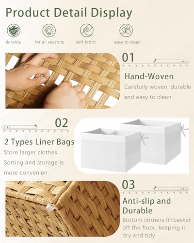 SETVSON Storage Basket with Lid Rattan Woven Storage Baskets with 2 Separate Lids, 17.2 Gallon (65 L), 22 x 13 x 13.8 Inches,Foldable, 2 Removable Liner Bags Handles for Bedroom, Laundry Room Natural - color: Natural, size: 65L-22L*13W*13.8H