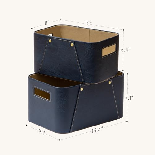 La Jolie Maison Storage Baskets for Organizing, 2 Pack, Luxury Vegan Leather Storage Cube Boxes for Closet Shelf Cabinet Bookcase, Navy Blue - color: Navy Blue