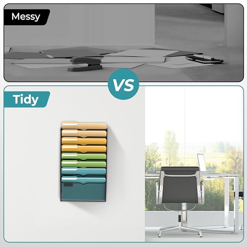 SUPEASY 8 Tier Wall File Organizer, Hanging Wall Mounted Mail Organizer with Label Slots, Metal Mesh File Holder Magazine Rack for Office, Home, School or Classroom, Black - color: Black, size: 8-Tier