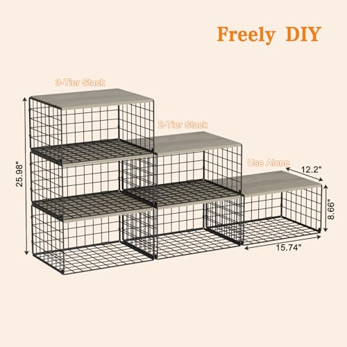 Extra-Long, Low-Profile Closet Organizers and Storage with Wood Top, 3 Pack Stackable Closet Shelf Organizer, Space-Saving Clothes Storage Bin for Wardrobe & Bedroom & Small Spaces, Sturdy Metal Black - color: BLACK, size: 15.74"L x 12"W x 8.66"H