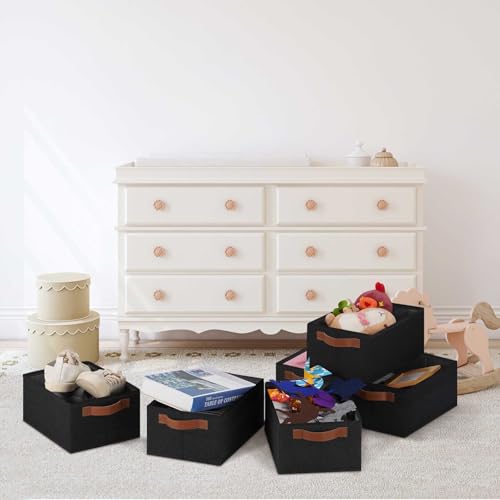 GhvyenntteS Small Fabric Storage Bins 6 Pack, 11.8" x 7.87" x 5.11" Storage Basket with Leather Handles, Closet Storage Bins for Shelves, Storage Baskets for Shelves, DVD Storage (Black) - color: Black, size: Small-11.8"x 7.87"x 5.11"-6pcs