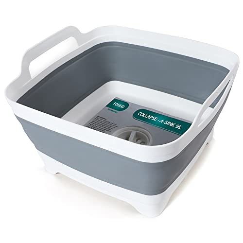FOSJGO Reinforced Collapsible Dish Basin with Drain Plug, 2.4 Gal/9L Space-Saving Foldable Sink, Wash Basin for Kitchen, Camping, Baby Bottles, Vegetable Washing and Party Beverage Tubs - color: Gray