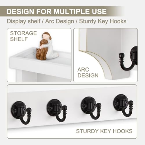 Key and Mail Holder Wall Mount, Key Holder with Shelf and Mail Organizer Wall Mount. Mail Holder with 5 Hooks for Coat, Dog Leash, Home Decor Rack, Entry Way Organizer (White) - color: White