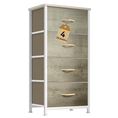 DWVO Dresser with 4 Drawers - Fabric Storage Tower, Organizer Unit for Bedroom, Hallway, Hallway, Closets - Sturdy Steel Frame, Wooden Top & Easy Pull Fabric Bins - color: Oak Greige, style: 4-Drawer