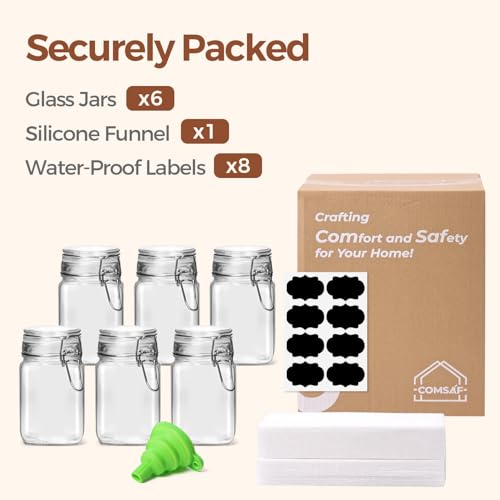 ComSaf Set of 6 Square Glass Jars with Airtight Lids (8 Oz), Pantry Canisters for Spices, Jams, & Herbs, Wire Clamp Jar for Overnight Oats, Pickling, Favors, Includes Labels & Funnel - size: 8oz*6