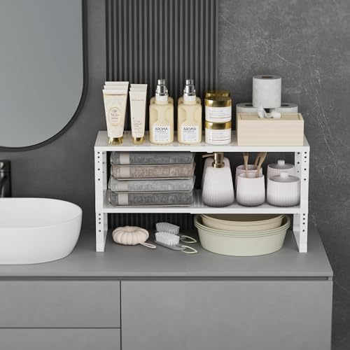 Expandable Spice Rack Kitchen Cabinet Shelf Organizer, Stackable Storage Shelves Racks, Adjustable Counter Shelving for Cabinets, Countertop, Cupboard,Pantry and More(3Packs/White/Medium) - color: White, size: 3 PACKS/WHITE/MEDIUM