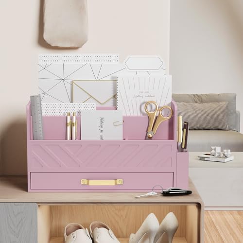 WISUCART Bamboo Desk Organizer Mail Holder Countertop Wood Desk Drawer Tabletop Storage Box Pen Holder Letter Sorter Makeup Organizer for School Home Office Supplies with Pen Holder Pink - color: Pink with Pen Holder