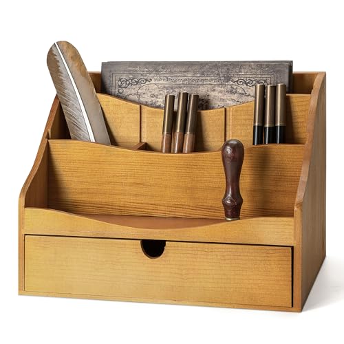 Rebee Vision Pine Wood Mail Organizer for Desk - Rustic Chic with Drawer & Dividers - 4-Slot File Holder & Small Items - Storage Organizer for Charming Home Decor(Yellow) - color: B-Yellow