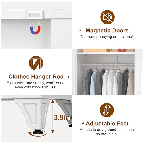 UNICOLY 86.6" Amoire Wardrobe Closet, 71" Wardrobe Cabinet with 15.74" Cabinet, Metal Closets with Hanging Rod for Bedroom School, Employee, Gym, Armarios De Ropa para Domitorio, White - color: White, size: 86.6 Inch Square-J with 0 Drawers