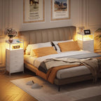 Furnulem White Nightstand with 5 Storage Drawer, Tall Dresser for Bedroom with Led Light and Charging Station, Side Table Nightstand for Closet, Fabric Bins, Metal Frame, Wood Shelf(White) - color: White, style: 5 Drawer