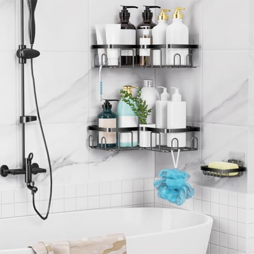 Moforoco Corner Shower Caddy Shelf Organizer Rack, Self Adhesive Black Bathroom Shelves Basket, Home Wall Shower Inside Organization and Storage Decor RV Accessories, First Apartment Essentials - color: Black