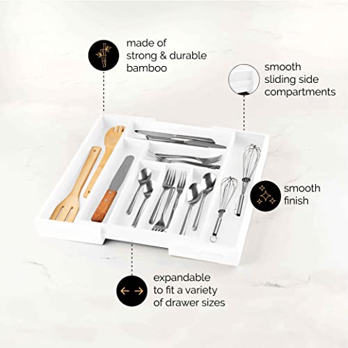 Masirs Expandable Bamboo Kitchen Drawer Organizer - Adjusts to Fit Drawer Size, Ideal for Silverware, Utensils, and Office Supplies, Durable Bamboo Construction - color: White