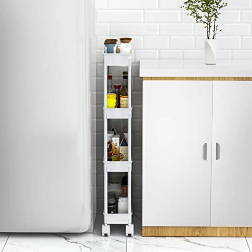 Sooyee 4 Tier Slim Storage Cart Mobile Shelving Unit Organizer Slide Out Storage Rolling Utility Cart Tower Rack for Kitchen Bathroom Laundry Narrow Places, Plastic & Stainless Steel,White - color: White, size: Slim