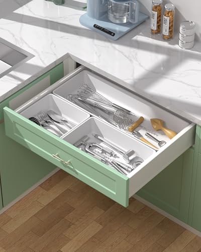 10 Pack Large Size Plastic Drawer Organizers Set, 3 Sizes Desk Drawer Organizer Trays, Storage Bins for Vanity, Makeup, Bathroom, Kitchen Utensils and Office (White) - color: White