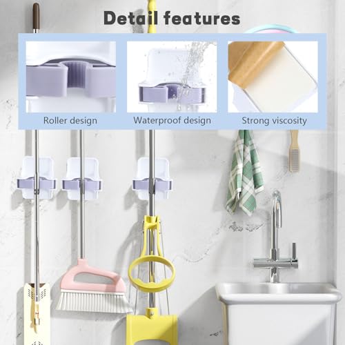 ASTIMESA 4 Pack Mop and Broom Holder Wall Mount, Self Adhesive Broom Hanger, Mop Gripper Organizer Broom Clips for Hanging Home Garage Garden Laundry Room Storage (White) (4)