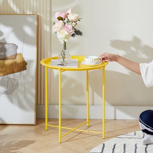 VECELO Side/End Table, Folding Round Metal Anti-Rust and Waterproof Outdoor or Indoor Tray for Living Room Bedroom Balcony and Office, 1 PCS,Yellow - color: Yellow, size: 1 PCS